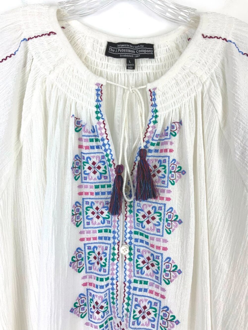 J Peterman Embroidered Cotton Peasant Blouse White Boho Tassel Split Neck Sz L - Picture 6 of 16